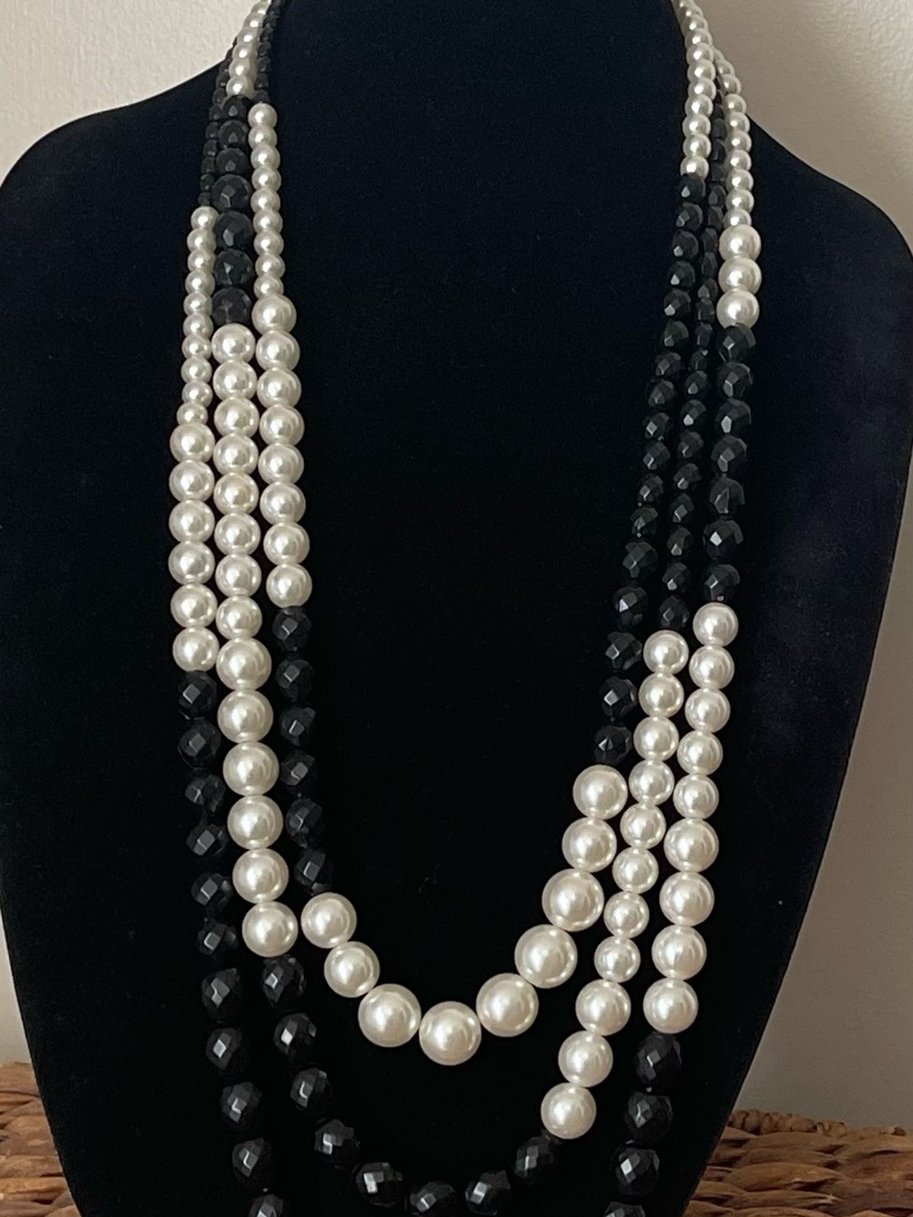 Multi-Strand Black and White faux pearl, faux black onyx necklace